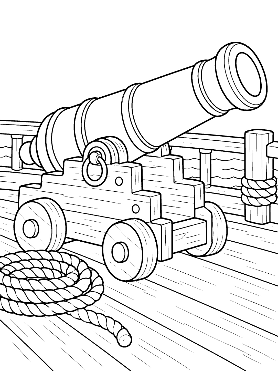 Black-outline pirate ship cannon on a wooden deck, with rope coil and low rail coloring page