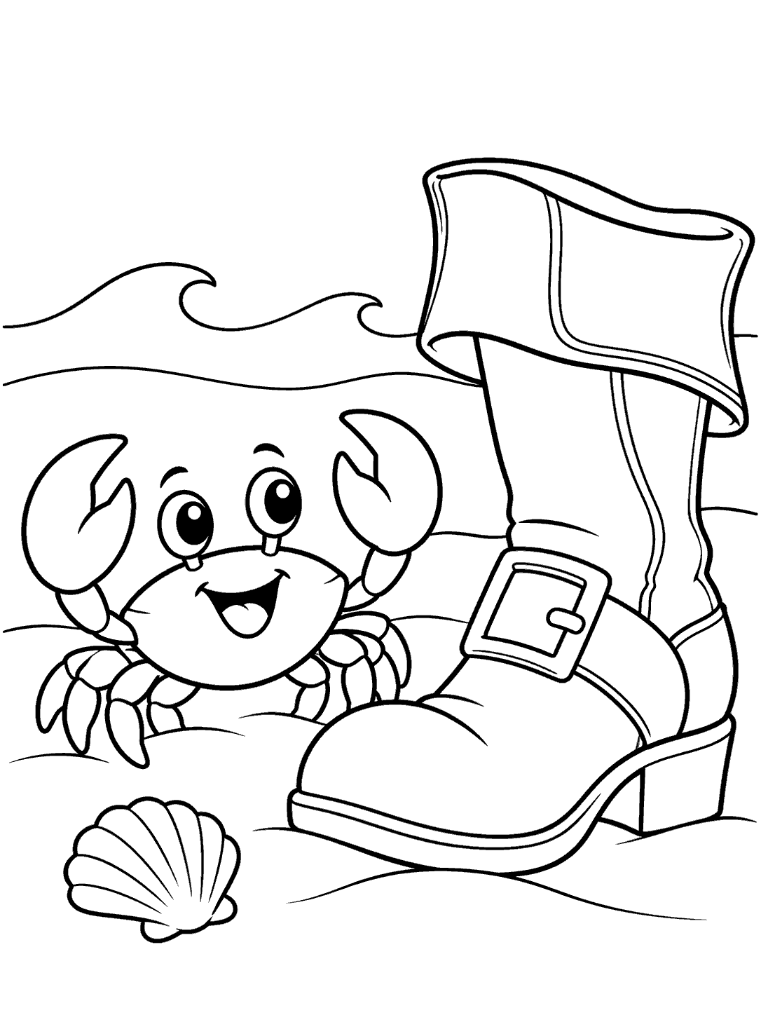 Cheerful crab beside a large pirate boot, shell, and waves in a black-and-white beach coloring page