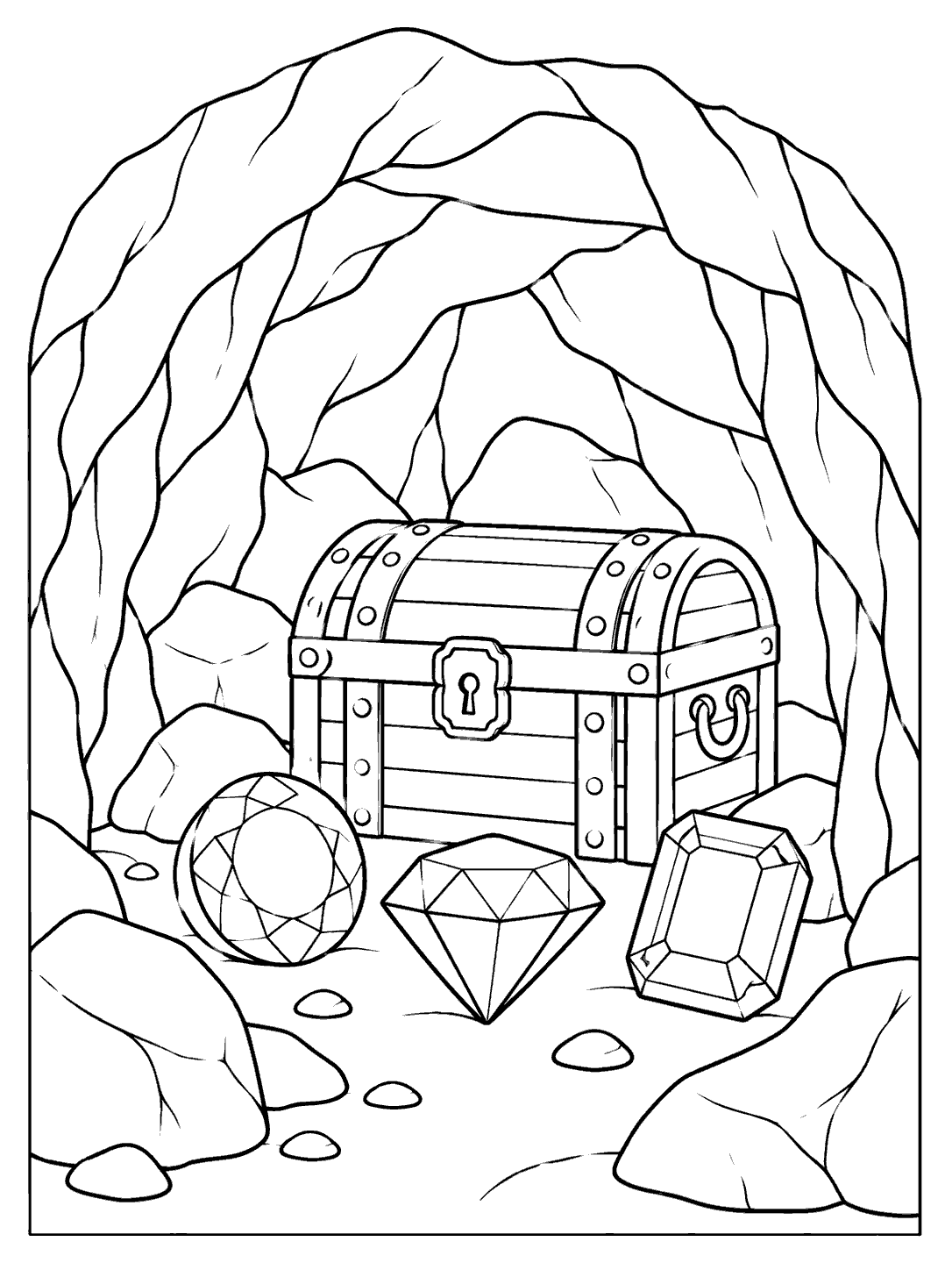 Closed treasure chest and three gems inside a rocky pirate cave coloring page