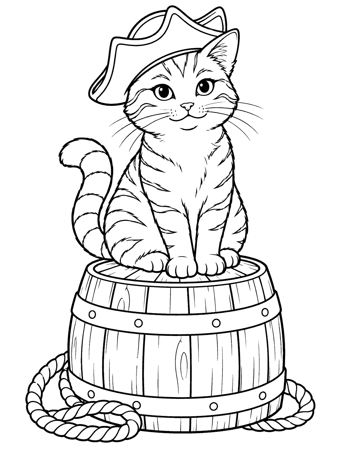 Black-outline coloring page of a striped ship’s cat in a tricorn hat sitting on a barrel surrounded by a rope loop