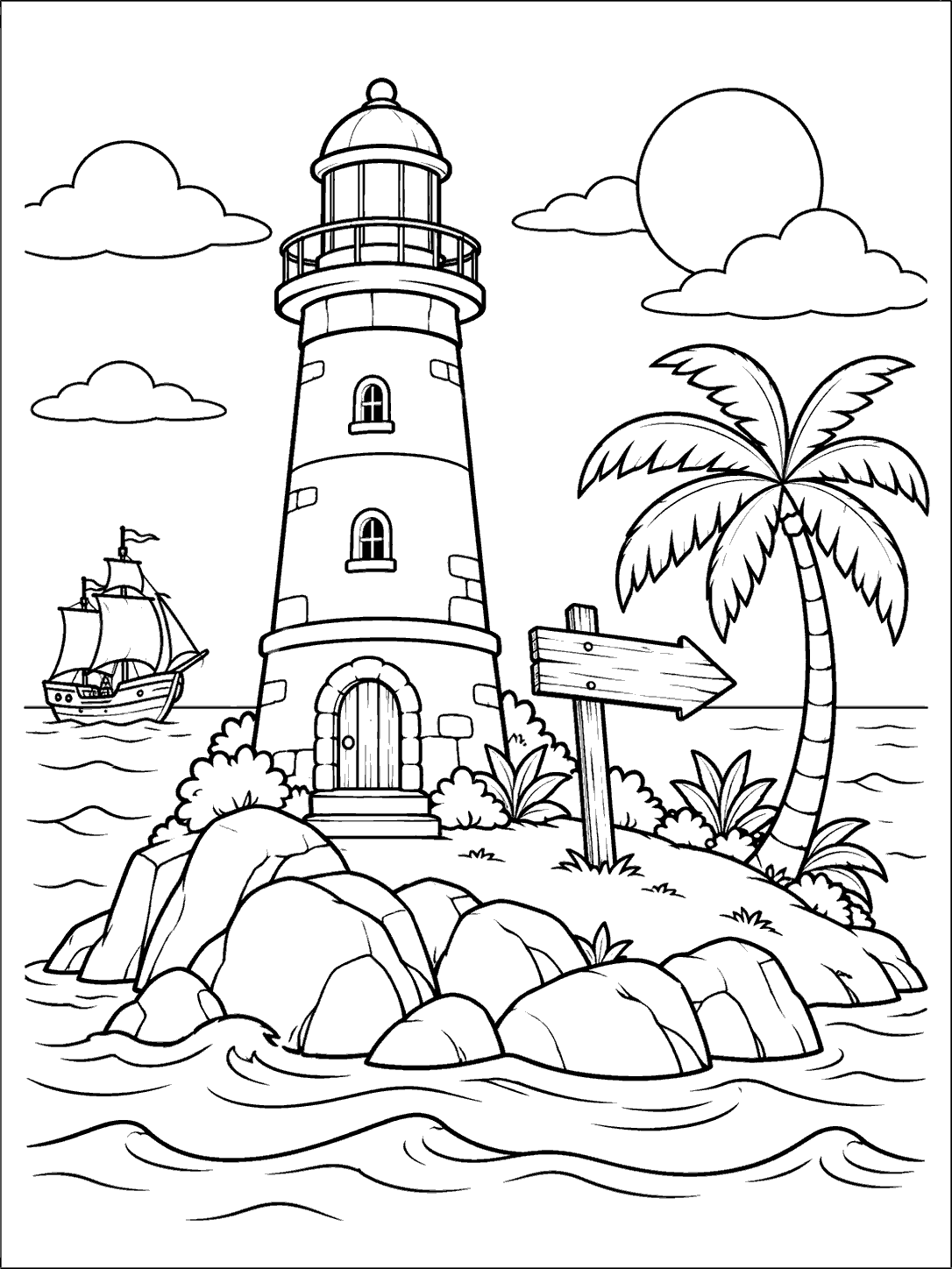 Black outline coloring page of a lighthouse on a rocky island with a blank wooden signpost, palm tree, distant sailing ship, and waves.