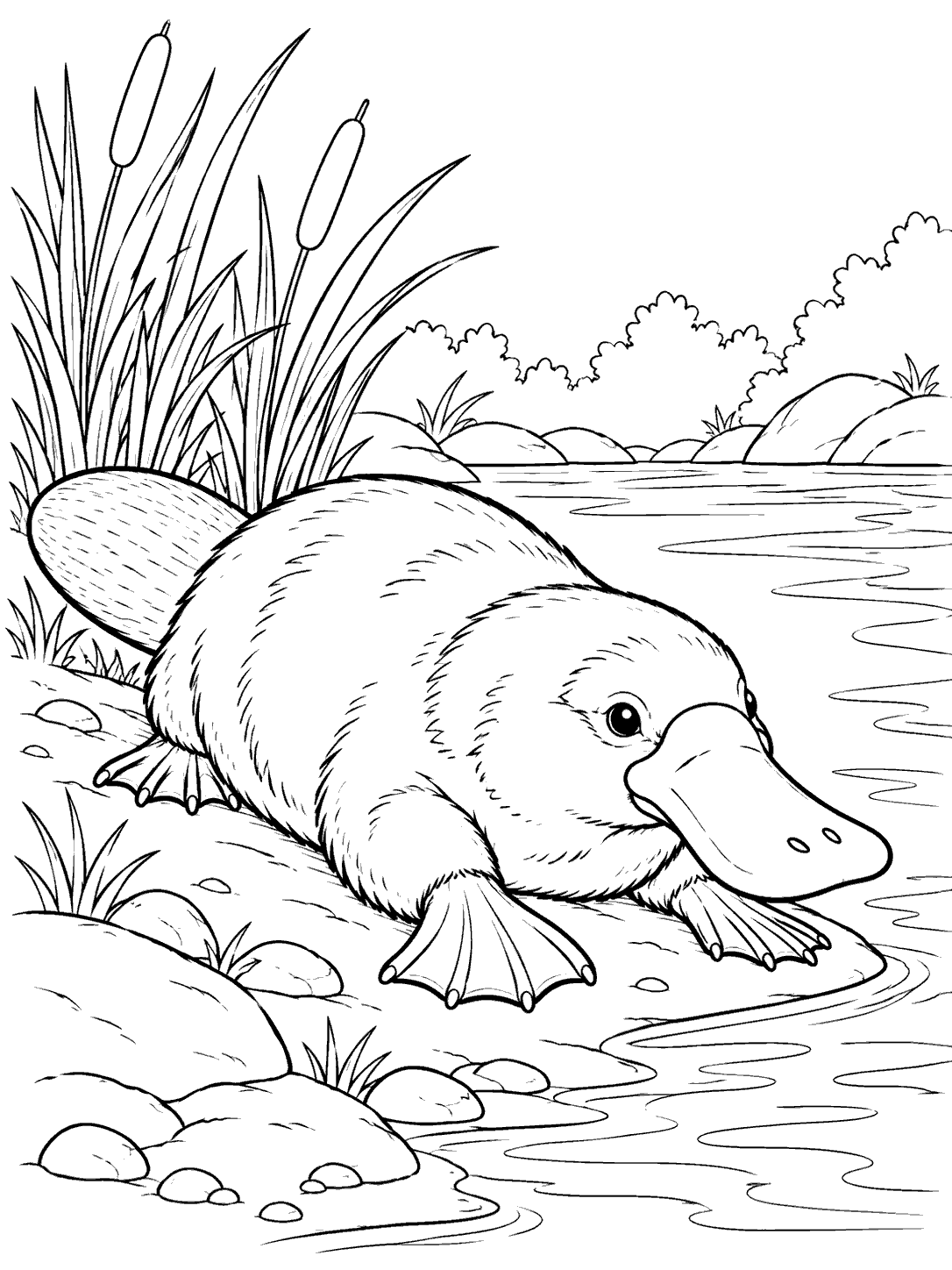 A broad-billed platypus with webbed feet and a flat tail resting on a riverbank, with reeds, rocks, and ripples.