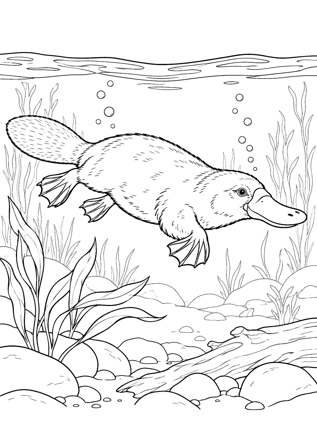 A platypus with a broad bill and webbed feet swims above rocks and water plants.