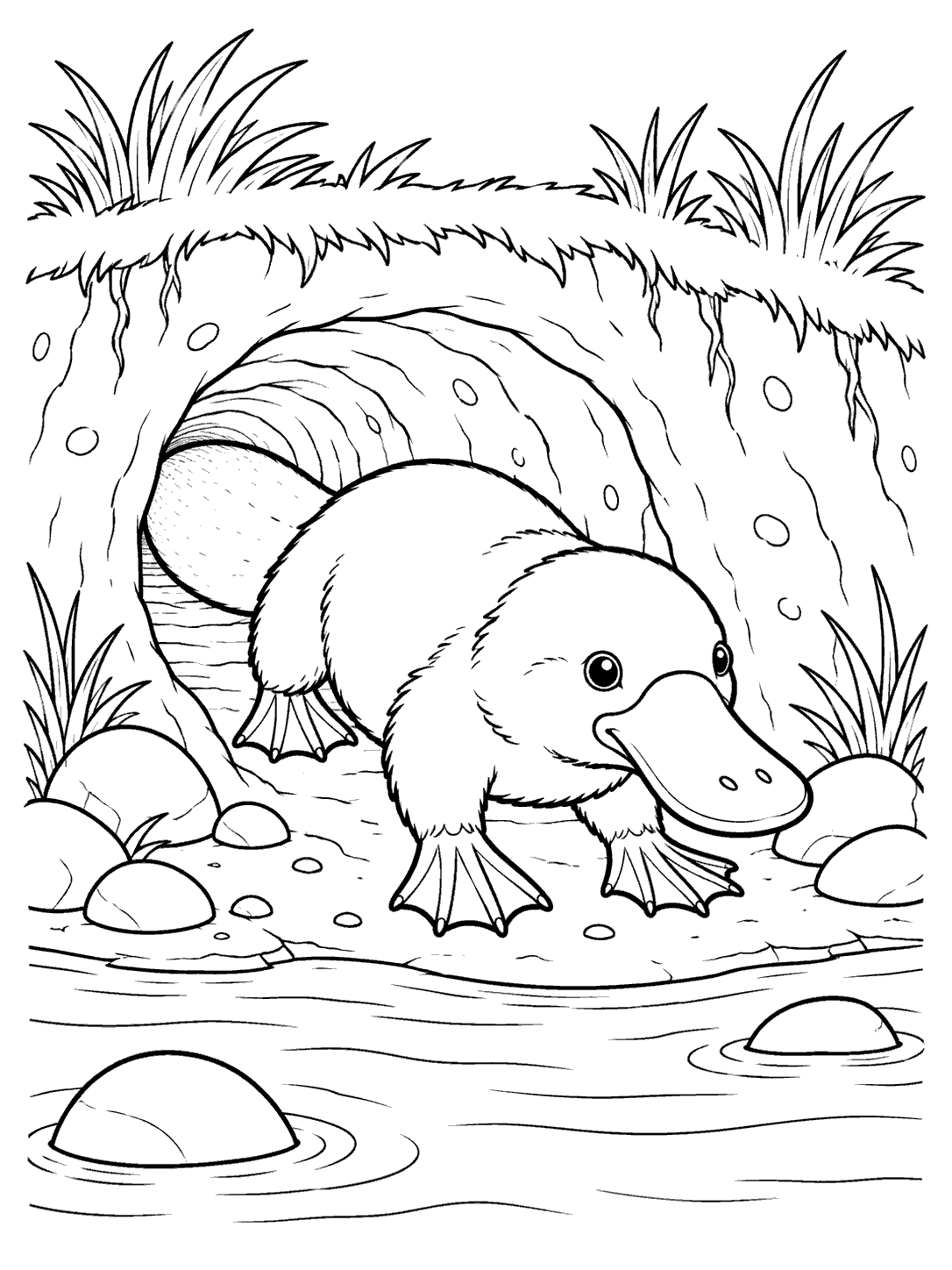 A web-footed platypus emerging from a grassy riverbank burrow, with stones and water nearby.
