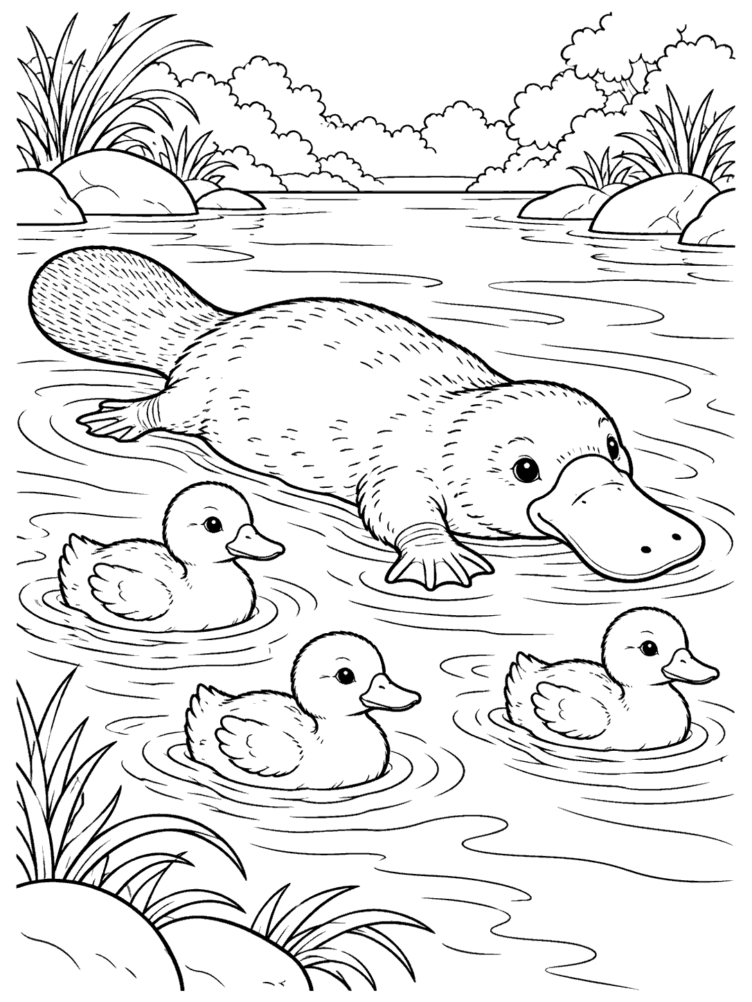 A broad-billed platypus with webbed feet and a flat tail swims alongside exactly three ducklings, surrounded by river ripples, reeds, rocks, and shrubs.