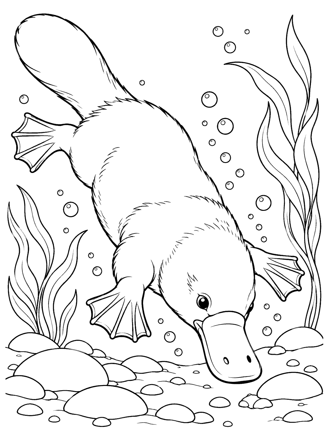 Diving platypus among river pebbles and plants