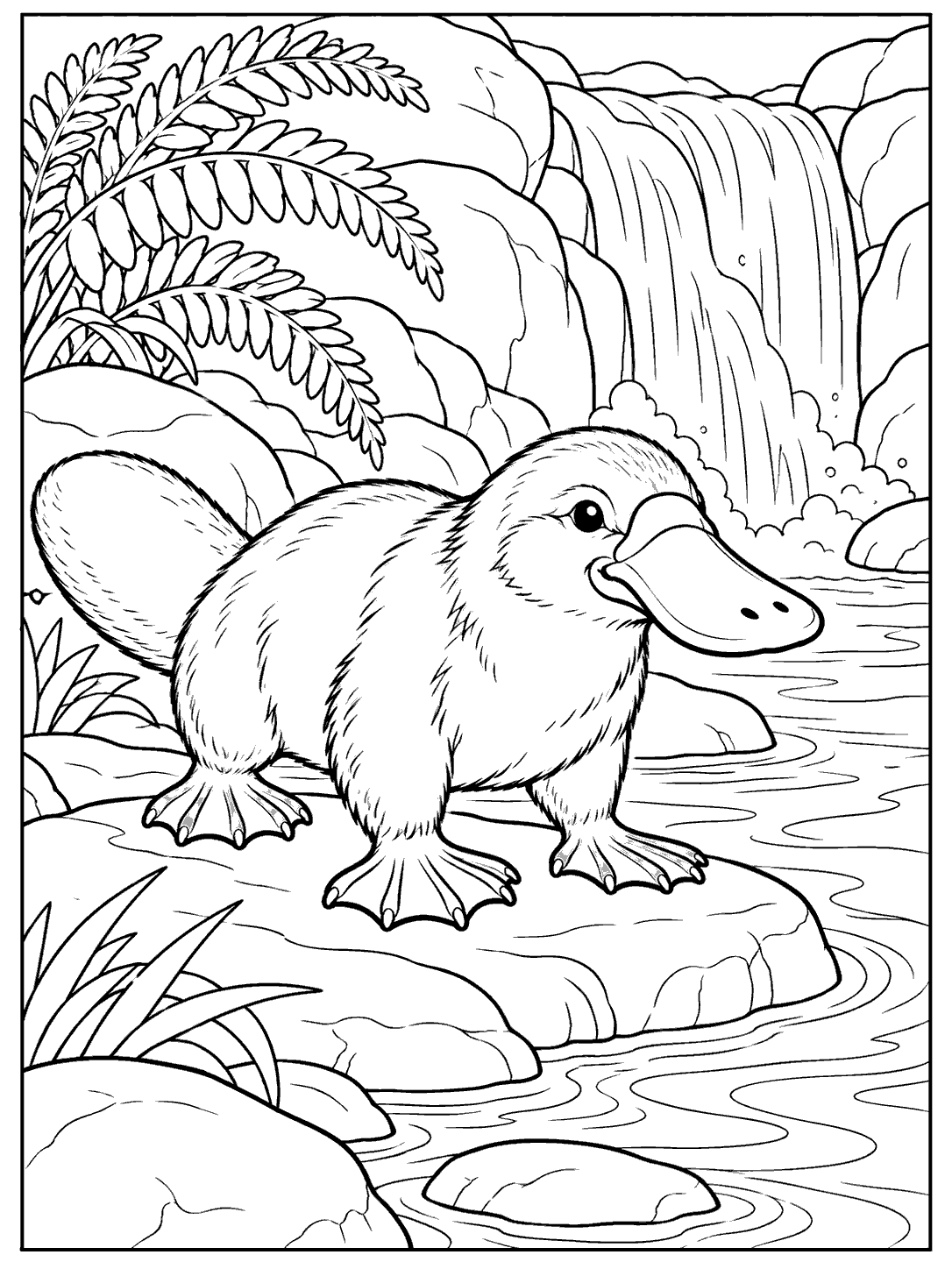 A three-quarter-view platypus with a broad bill, webbed feet, and flat tail stands on a stone by a cascading waterfall and pool, framed by ferns.