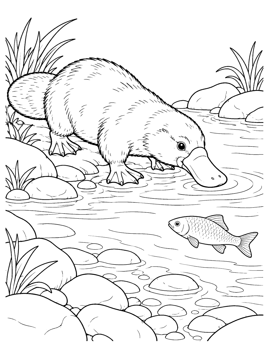 A side-view platypus wades among river stones and ripples, facing a small fish swimming nearby.