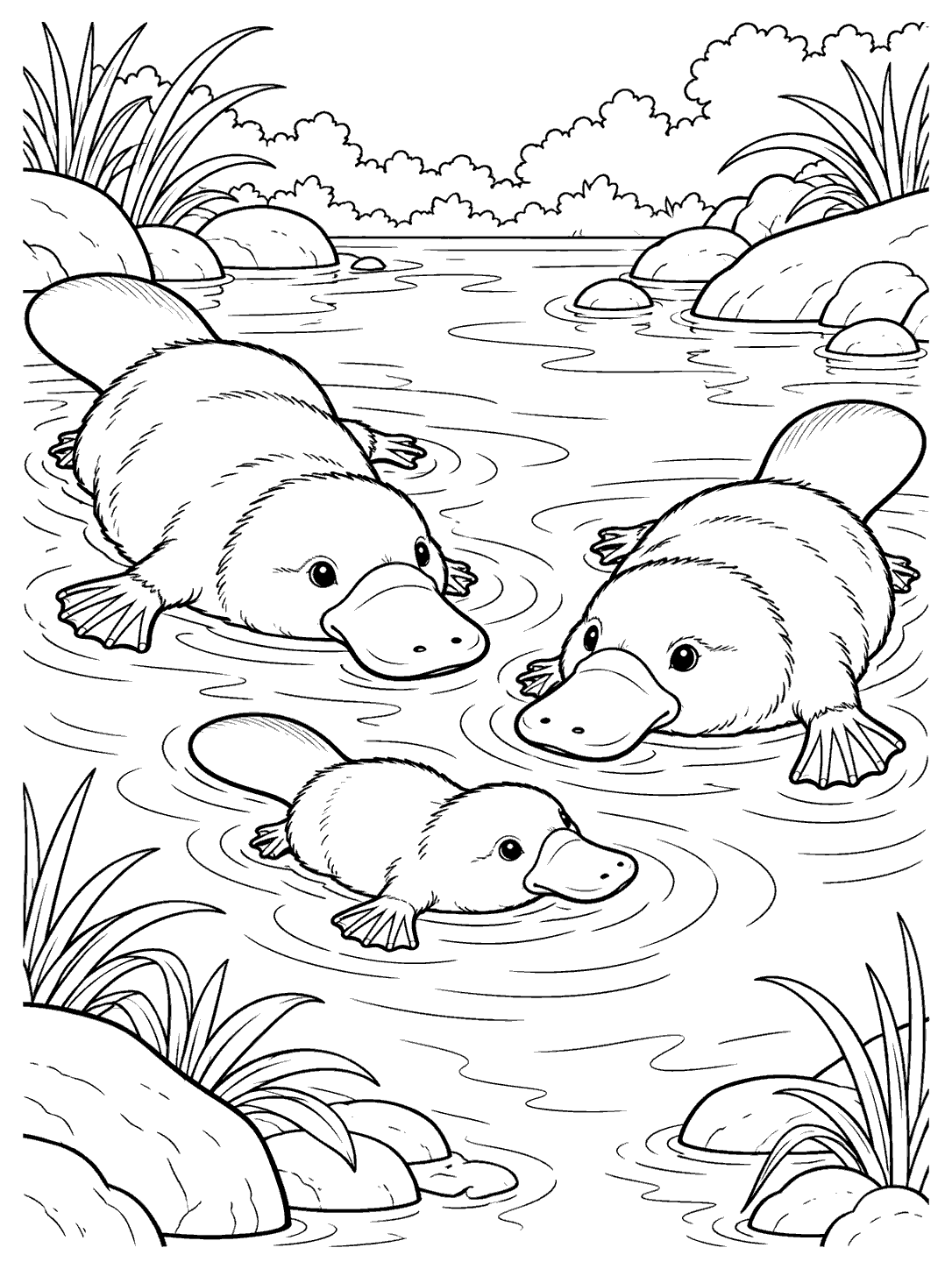 Two adult platypuses and one young platypus floating in a river, surrounded by gentle ripples, rocks, and riverbank plants.