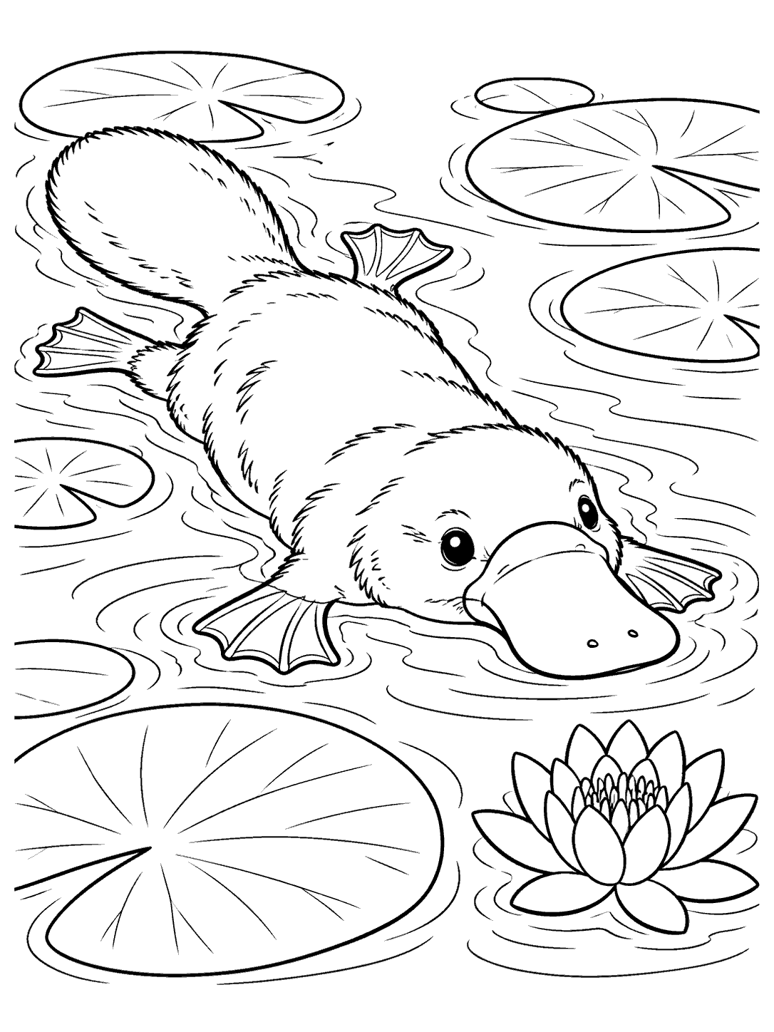 A platypus paddles across a pond among broad lily pads, with its flat tail and webbed feet visible and a water lily nearby.