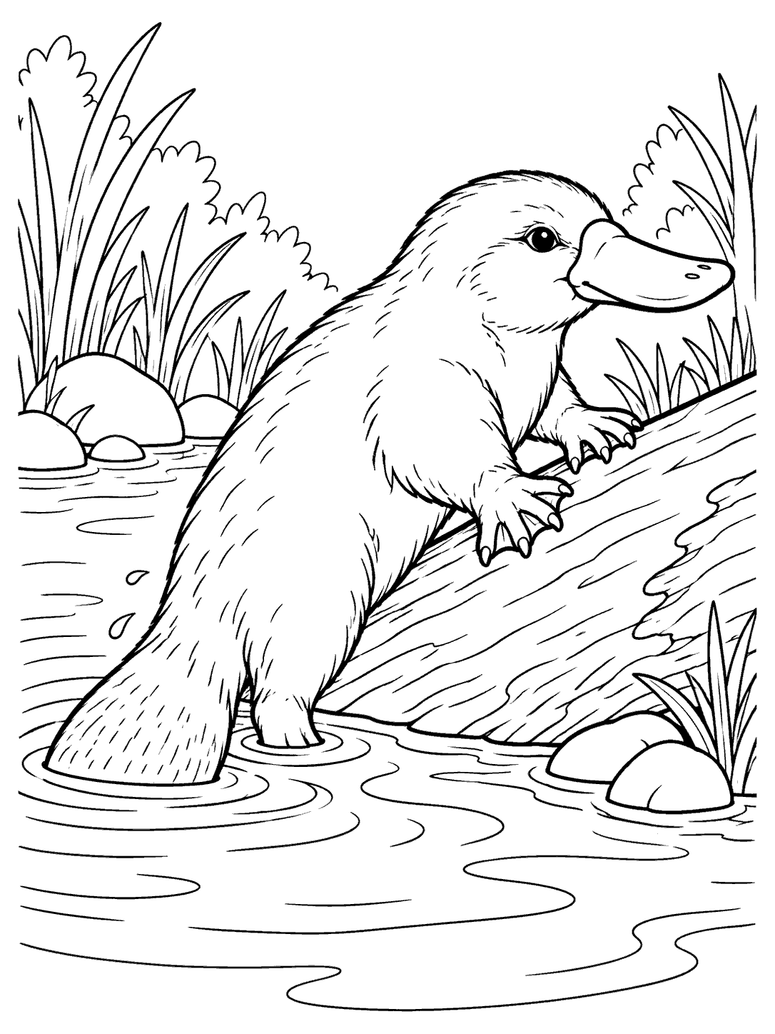 A platypus grips a fallen log with its forefeet, its broad tail in the water amid ripples and riverbank plants.