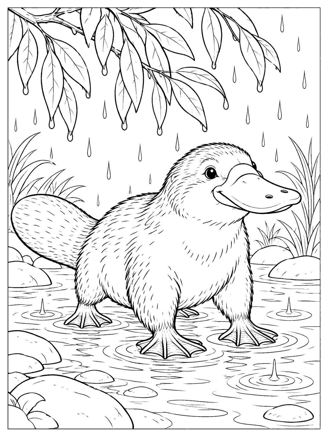 A smiling platypus with a broad bill and webbed feet stands amid raindrops and ripples, under overhanging leaves.
