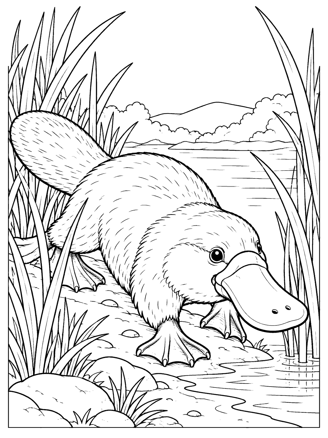 A large-billed platypus moving through tall reeds beside a river, with its webbed feet and flat tail visible.