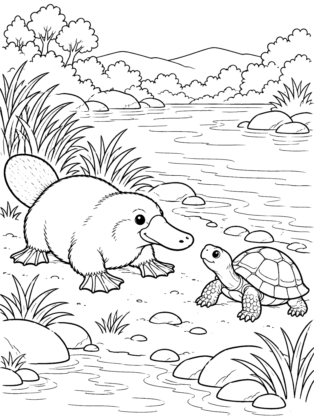 A broad-billed platypus faces a domed-shell turtle on a detailed riverbank coloring page.
