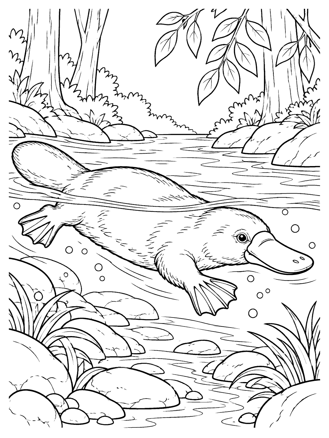 Platypus gliding underwater through a forest stream, with a broad bill, webbed feet, and flat tail.