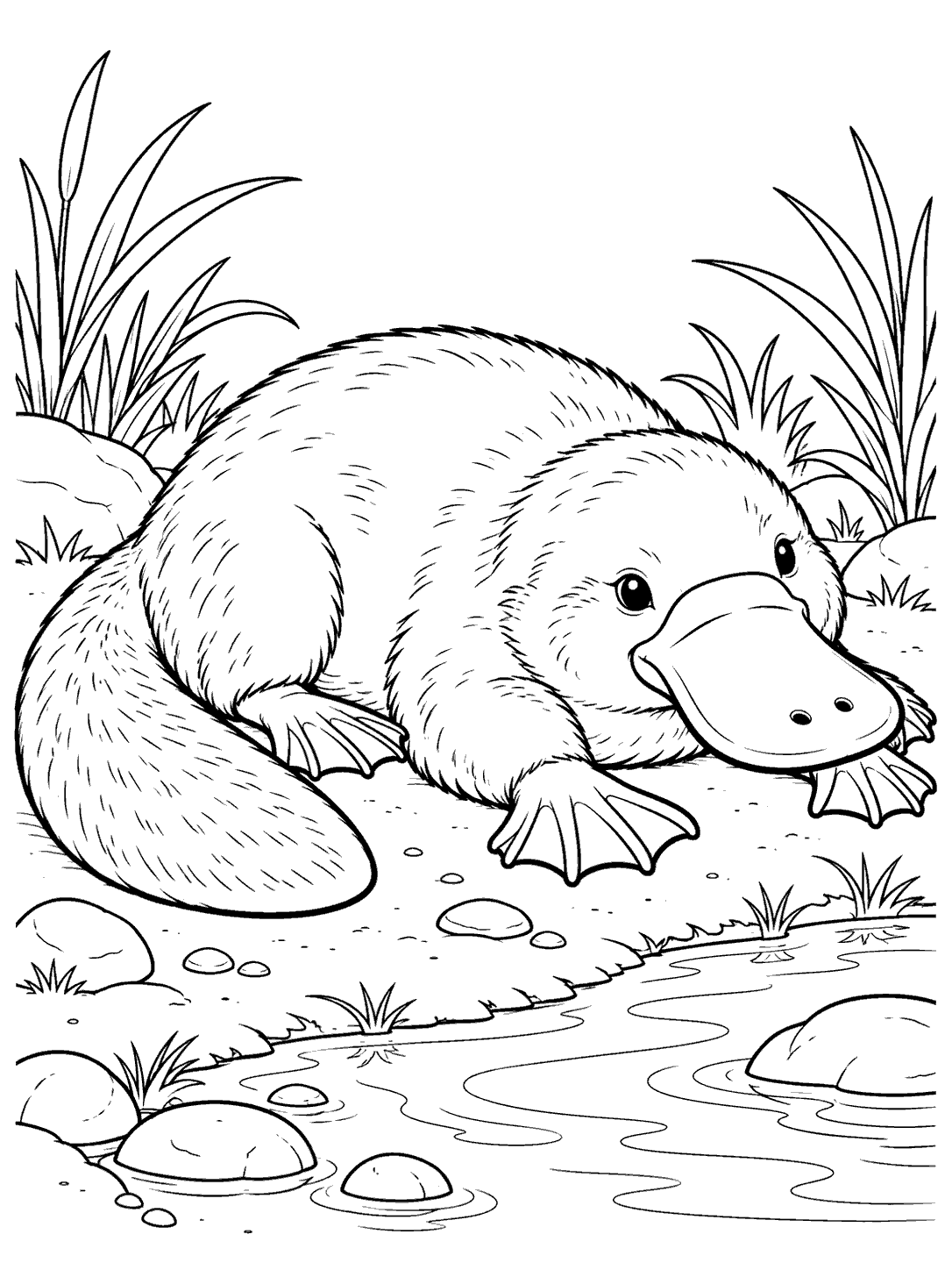 Black-and-white coloring page showing a resting platypus with a broad, curved paddle-like tail beside a small pool, pebbles, and riverbank plants.