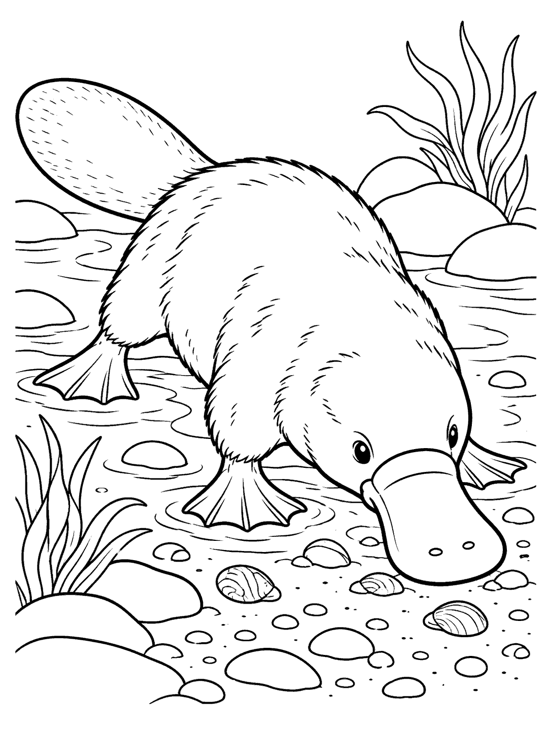 A platypus feeding in shallow water, bill lowered toward the streambed, with its flat tail and webbed feet visible.