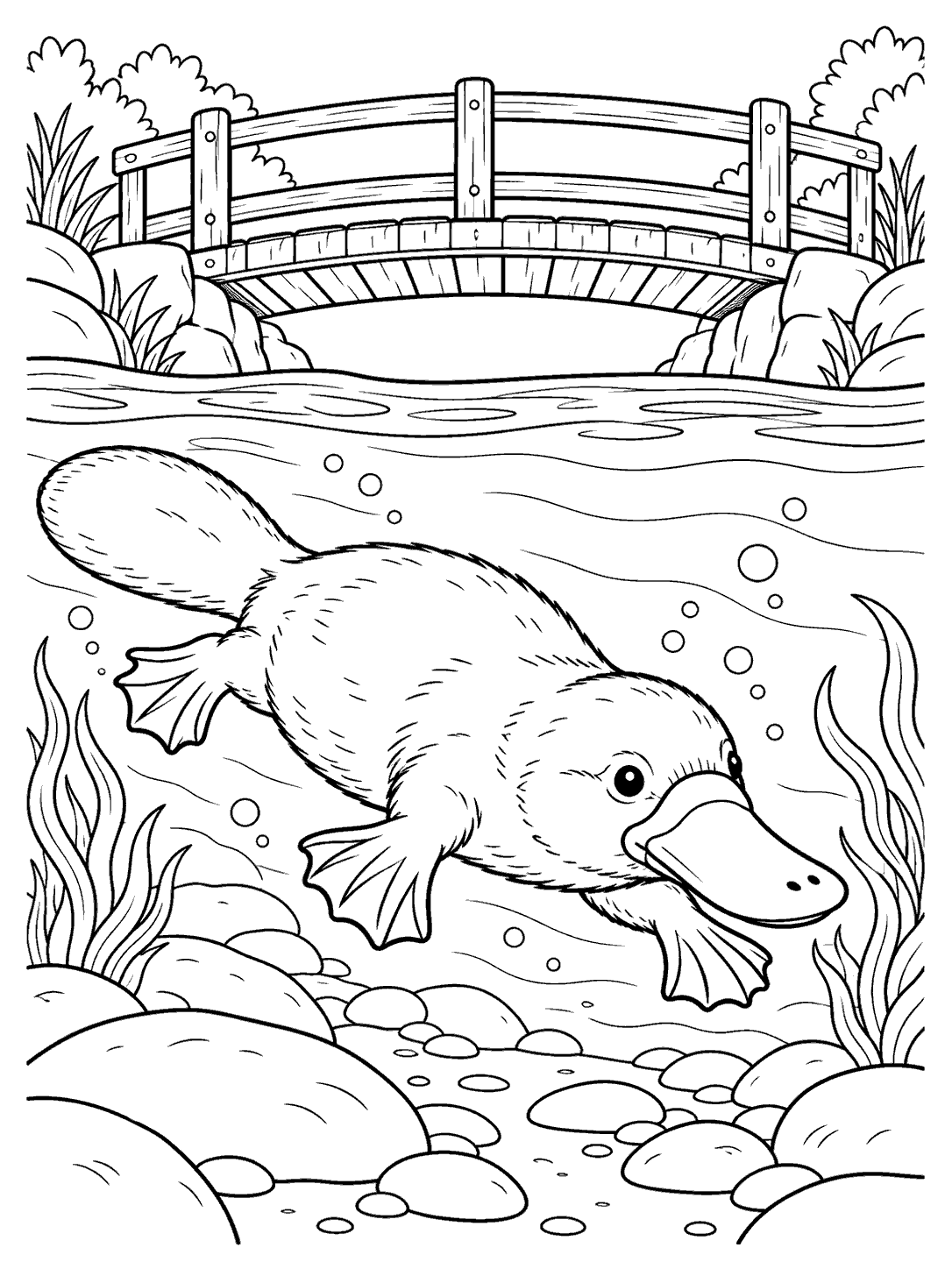 A large platypus swimming underwater beneath a wooden footbridge, surrounded by ripples, river stones, and aquatic plants.
