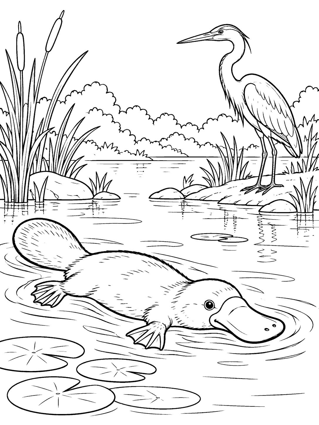 A broad-billed platypus swims in the foreground while a long-legged heron stands on the pond bank among reeds and lily pads.