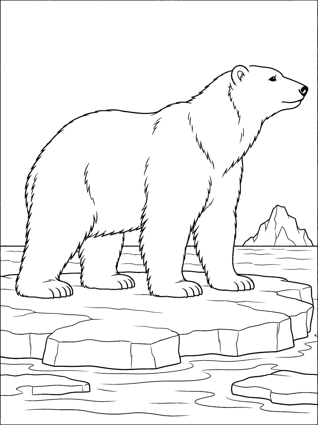 Full-body polar bear standing in profile on a cracked ice floe, with a distant iceberg.