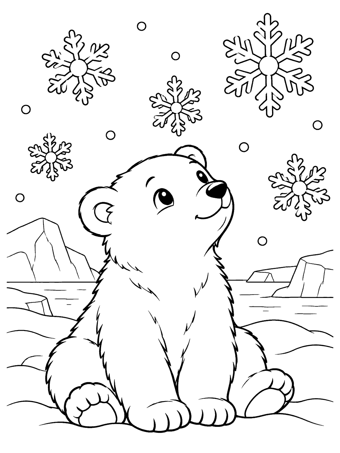Seated polar bear cub looking upward at snowflakes, with icebergs and snowy ground