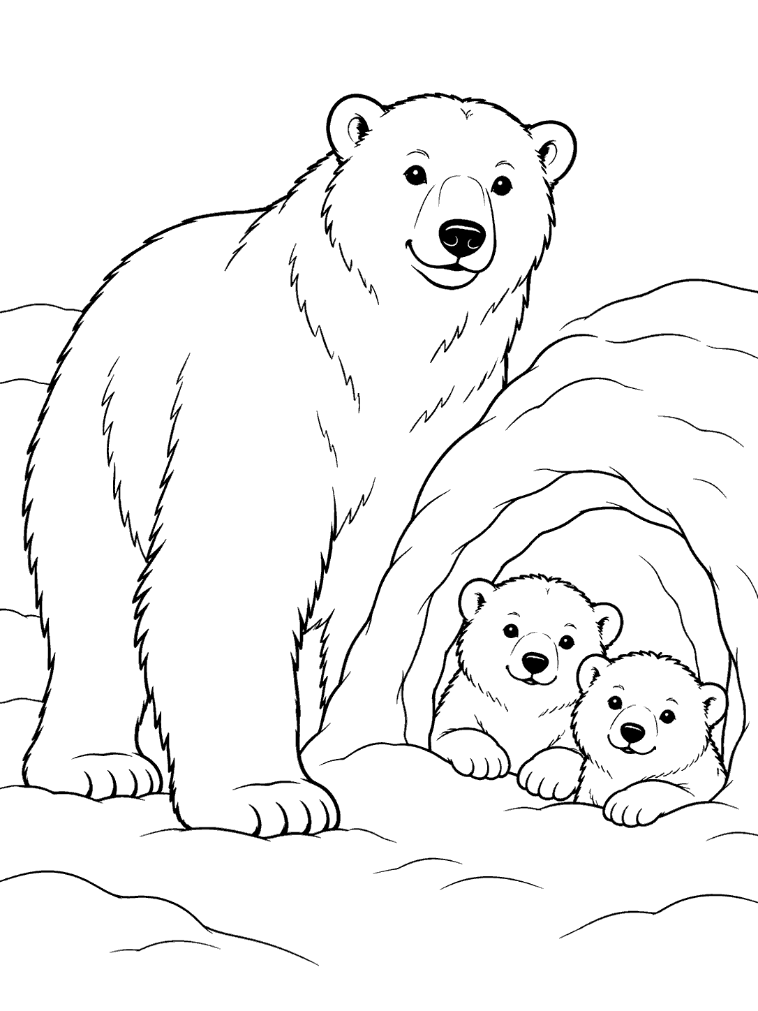 Adult polar bear with two cubs peeking from a snowy den
