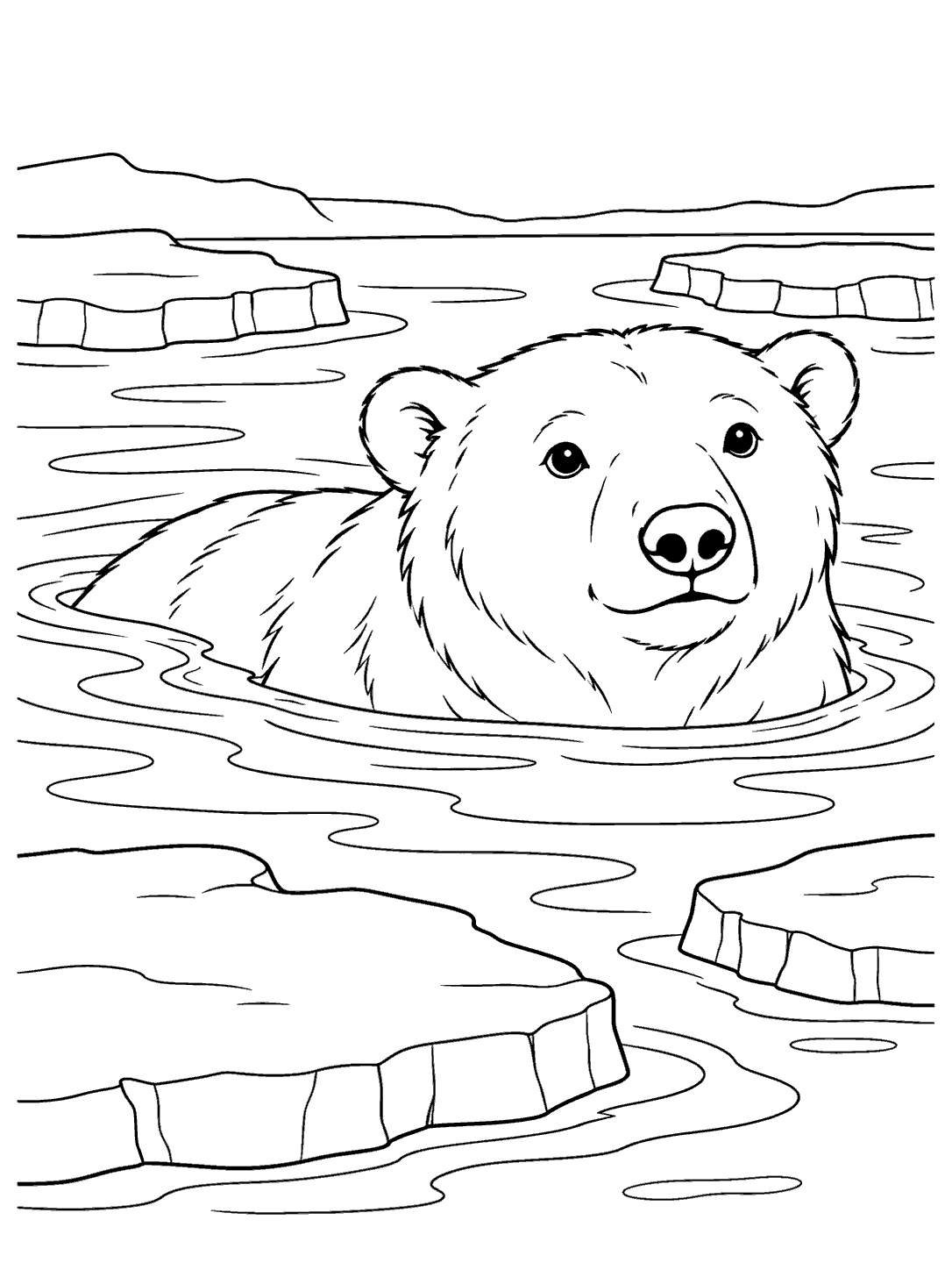 Polar bear swimming in Arctic water among ice pieces