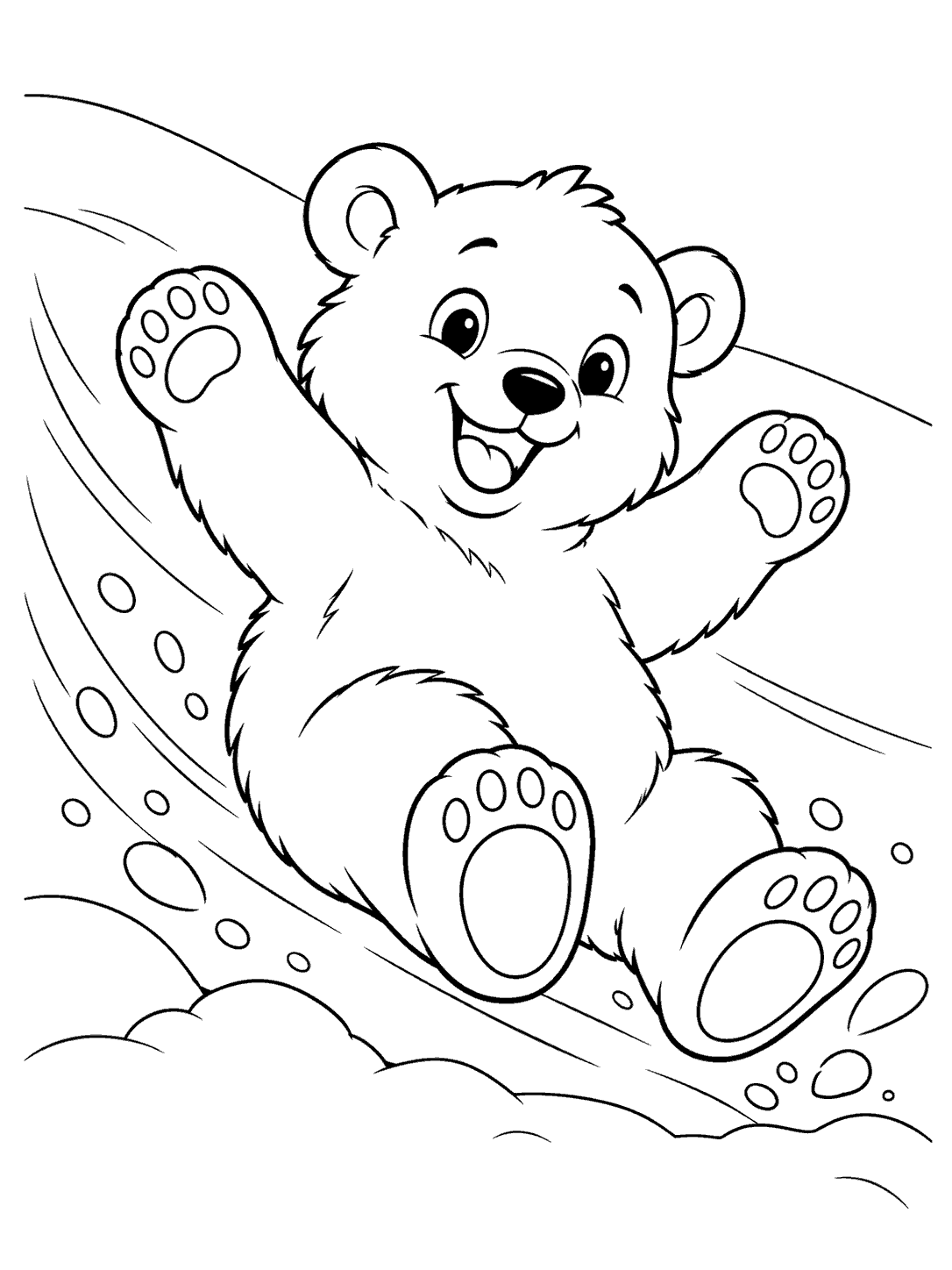 Smiling polar bear cub sliding on a snowy slope, paws up, above a small snowbank