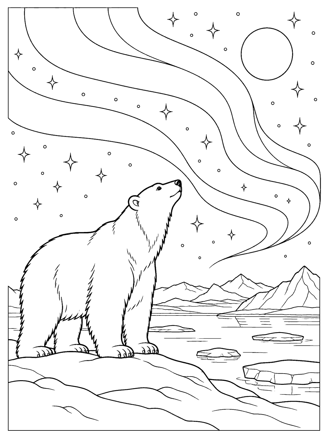 Polar bear looking at northern lights over an Arctic horizon
