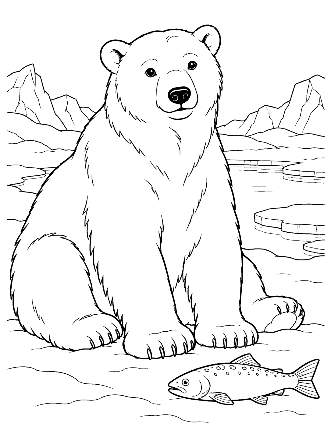 Black-outline coloring page of a seated polar bear beside a fish on snowy ground, with a frozen pond and mountains behind it.