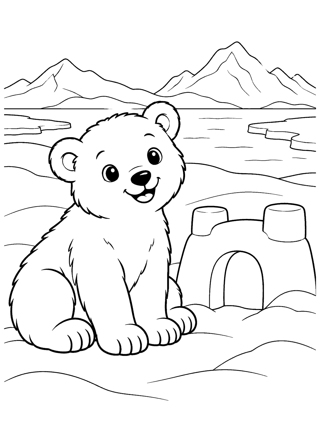 Polar bear cub beside a small snowfort