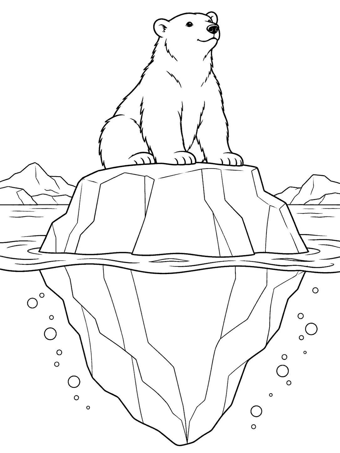 Polar bear sitting on a tall iceberg above calm water, with the underwater ice and bubbles visible below.