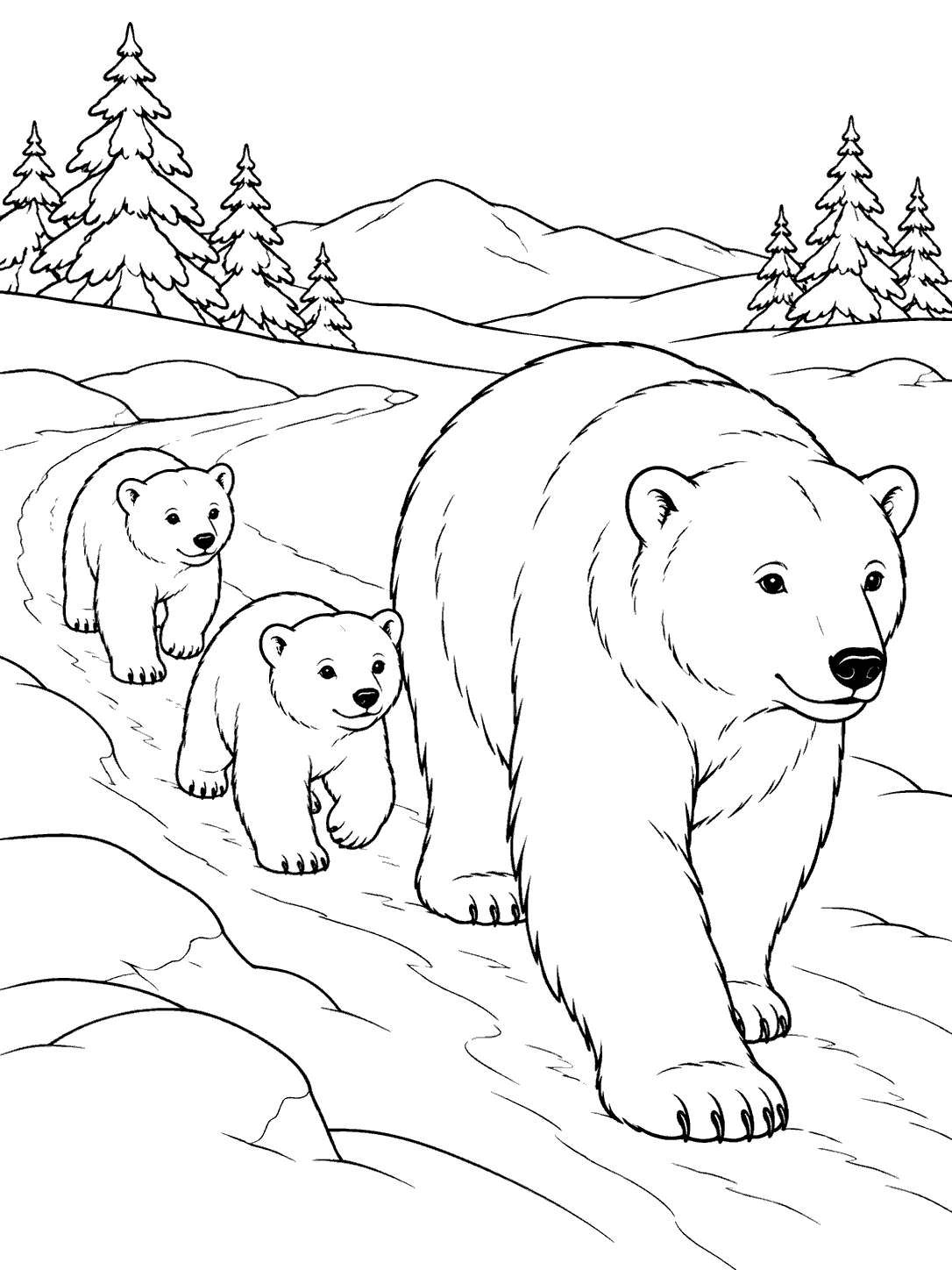 Mother polar bear leading two cubs along a snowy path with pine trees and distant hills
