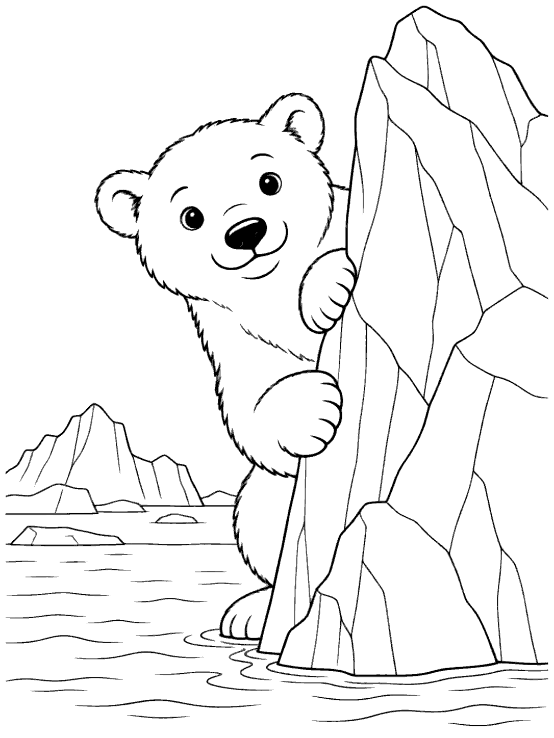 Polar bear peeking around an iceberg
