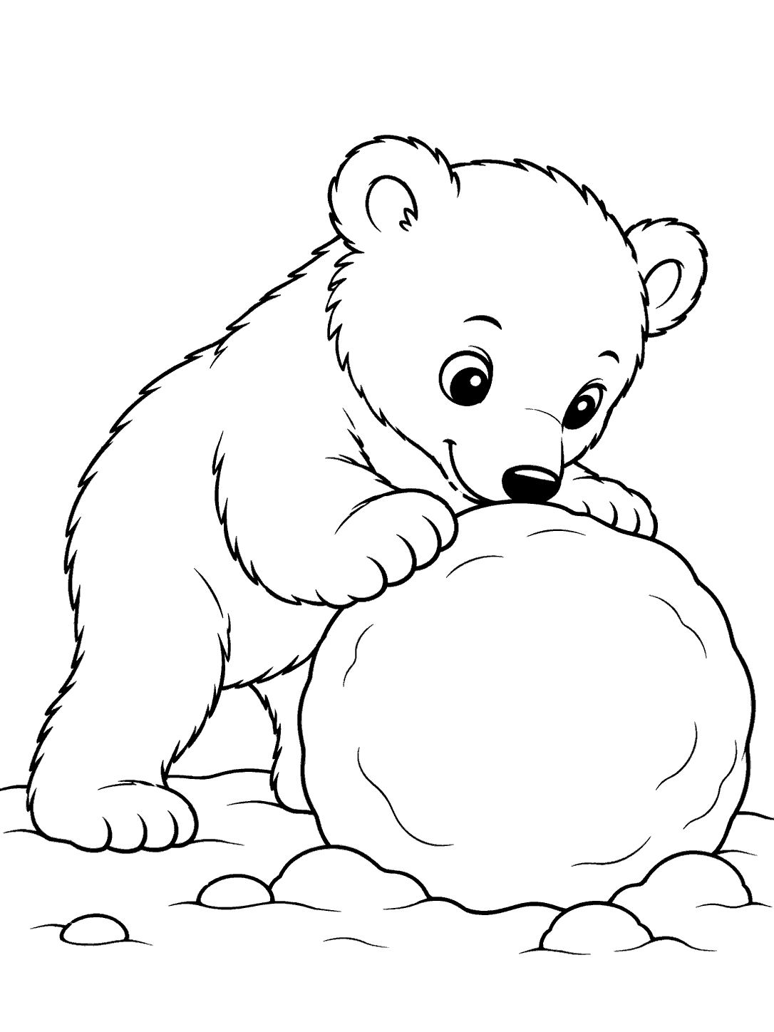 Polar bear cub nudging a snowball