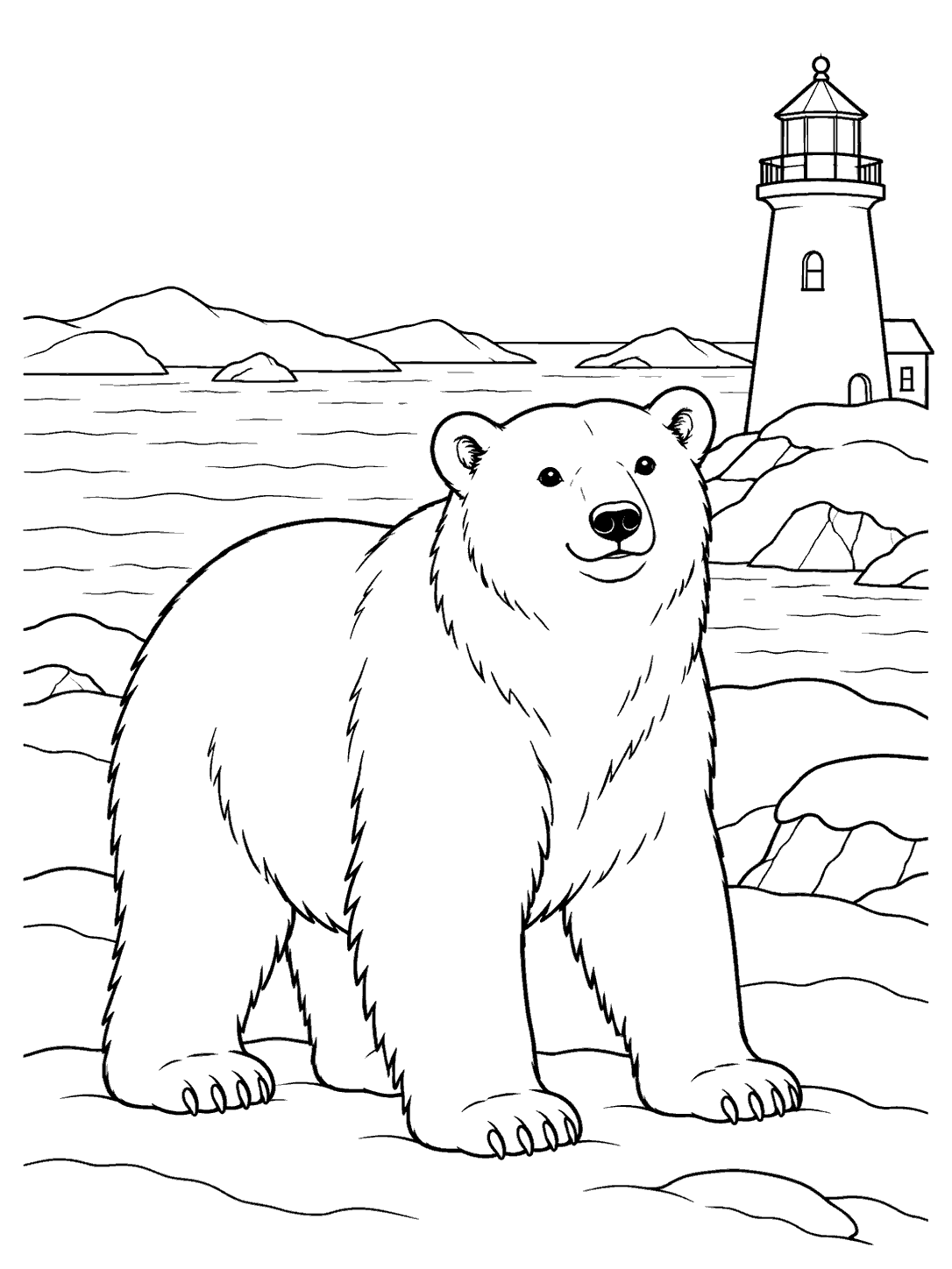 Full-body polar bear on a snowy coast, with a lighthouse, distant water, and rocky shoreline behind it.