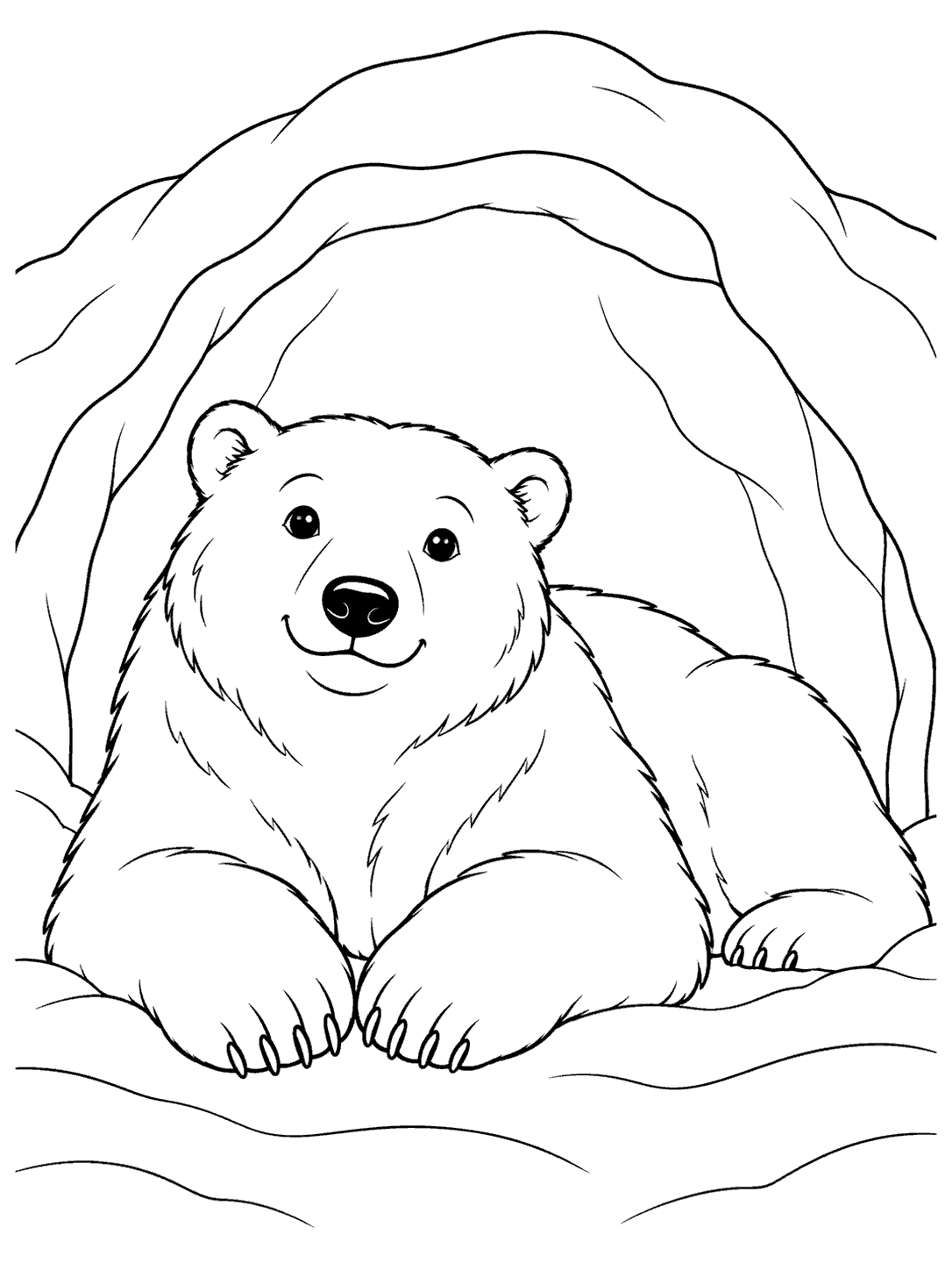 A smiling polar bear lies with its paws forward at the entrance of a large rounded snow cave.