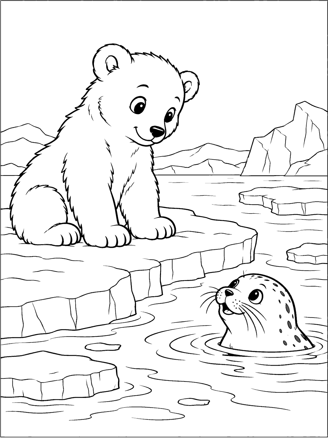 Seated polar bear cub on an ice floe looking toward a seal emerging from the water, with ripples and scattered ice