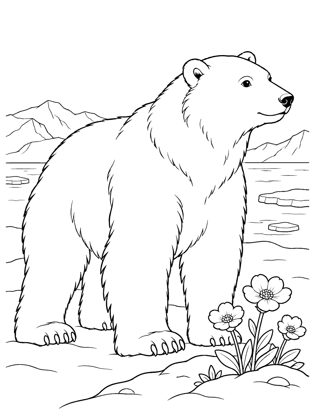 A large standing polar bear beside three Arctic wildflowers, with snowy ground, ice, and distant mountains.