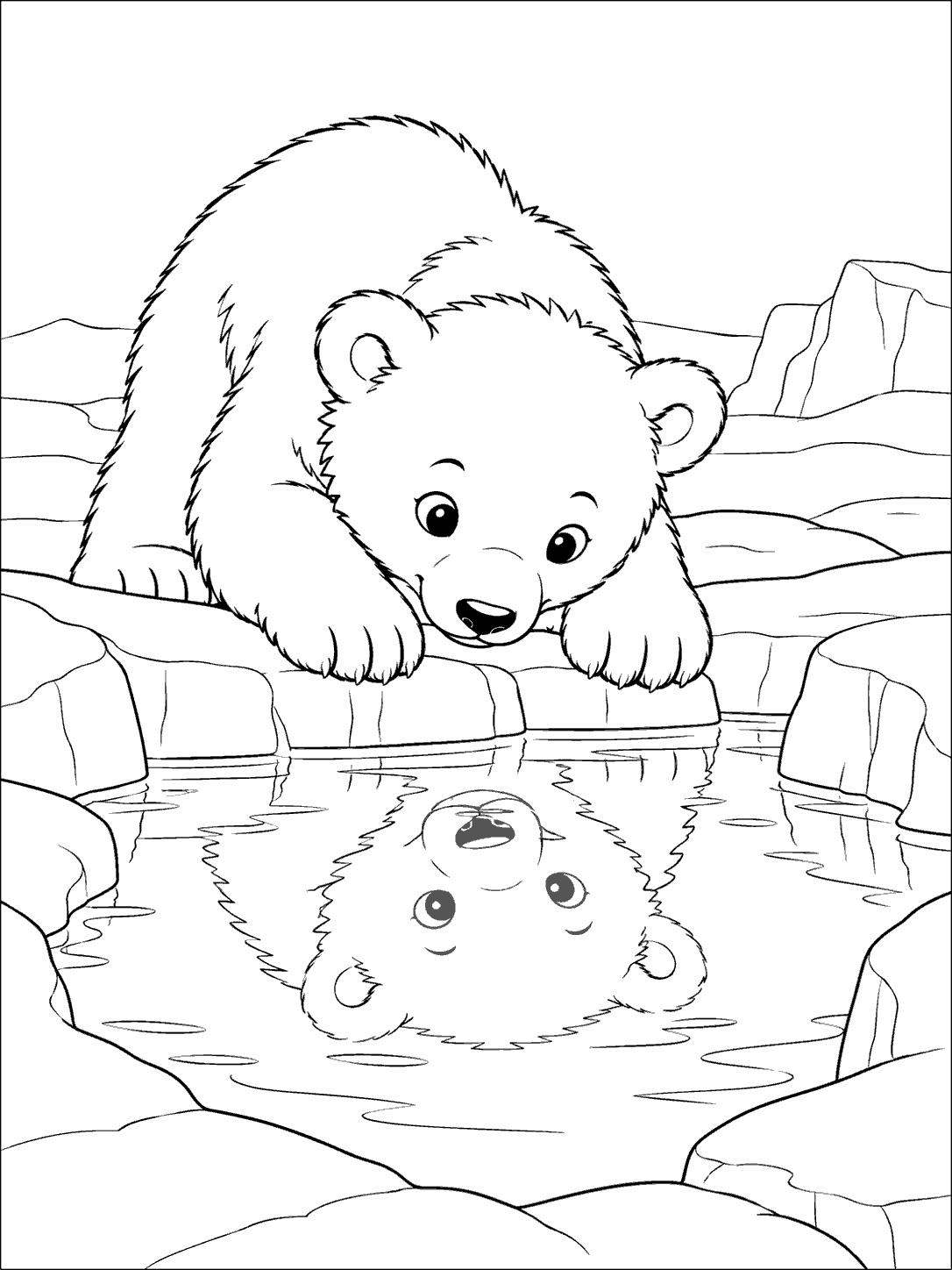 Polar bear cub leaning over an ice-bordered pool and looking at its reflection