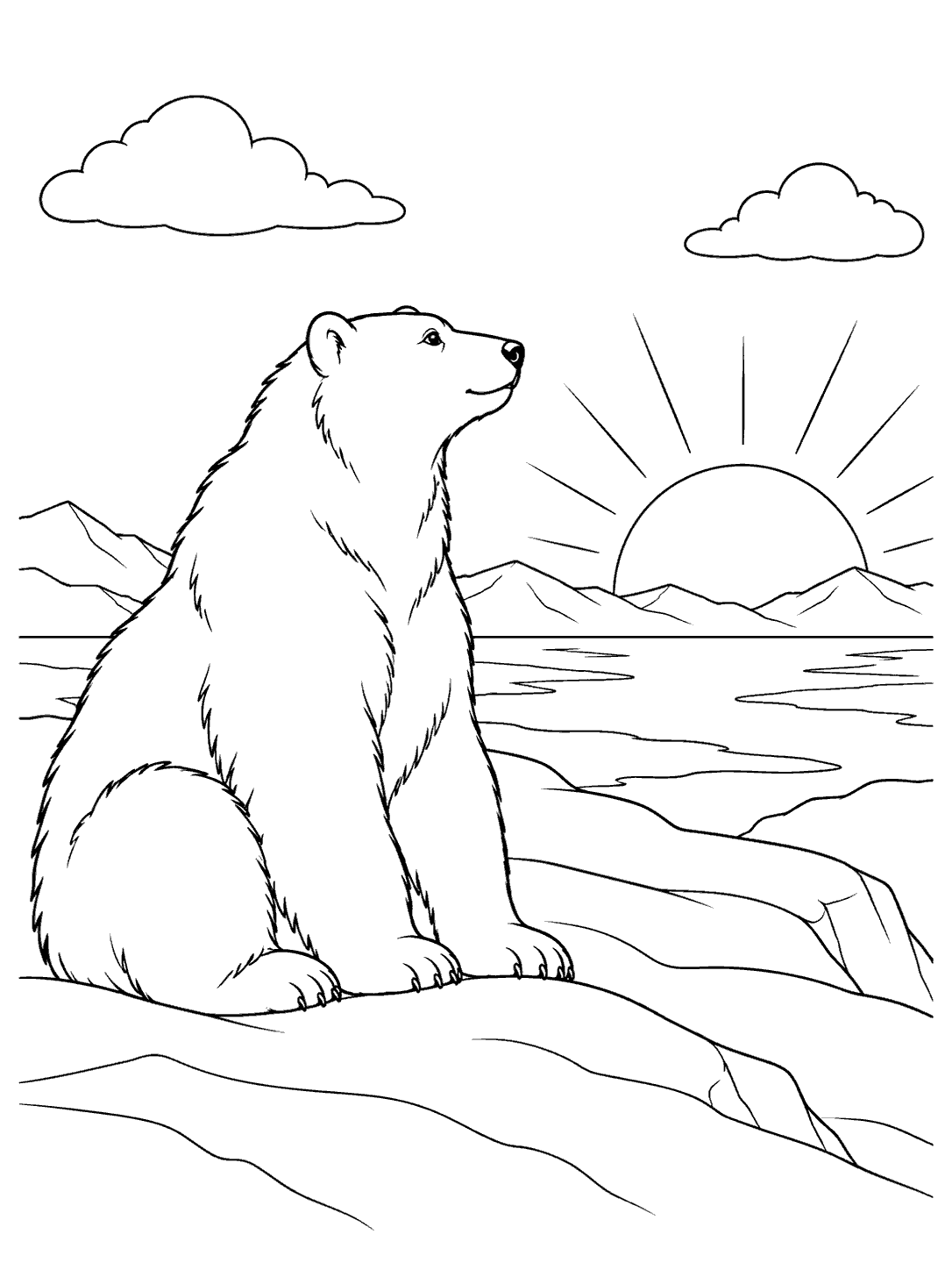 Seated polar bear watching a rising sun above an Arctic horizon, with two clouds and snowy ridges.