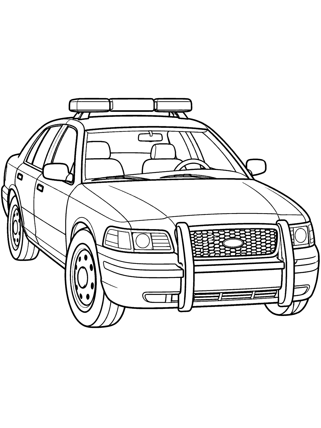 Black-outline coloring page of a classic four-door police patrol sedan in three-quarter front view, with roof lights, grille, and wheels.
