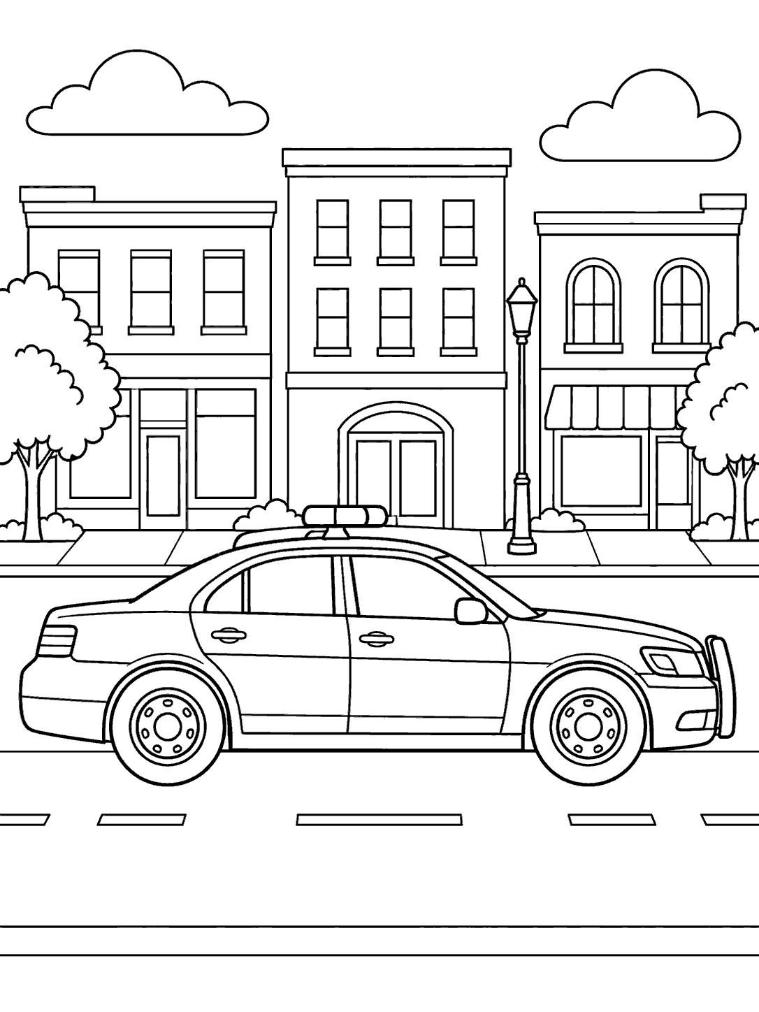 Side-view police car on a city street coloring page with buildings, sidewalk, and trees