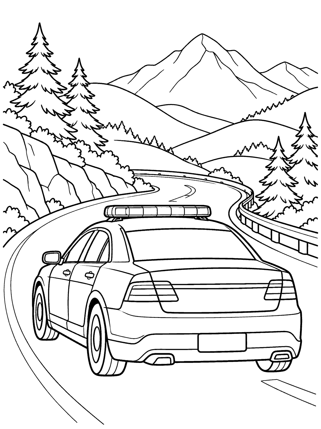 Police cruiser on a winding mountain road coloring page