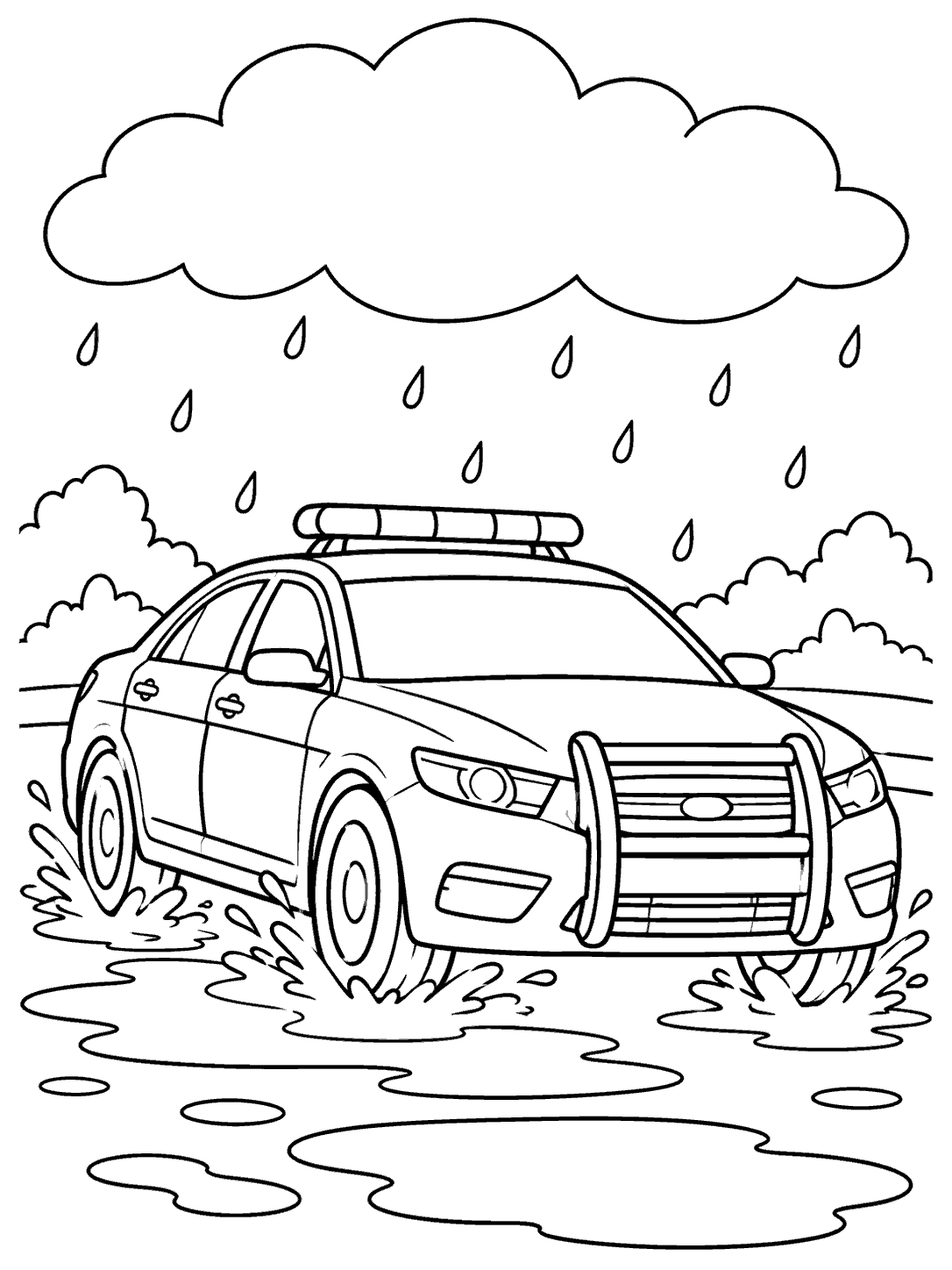 Police car driving through puddles in light rain coloring page