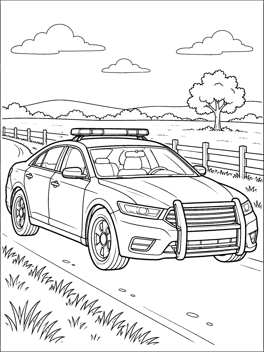 Police sedan on a country lane with a fence and tree, in a coloring page.