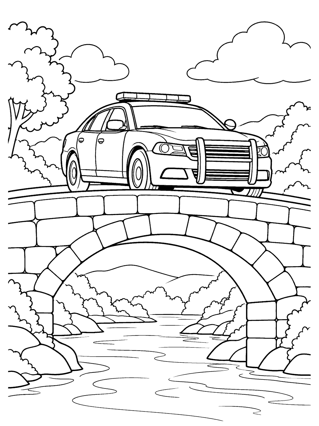 Police cruiser crossing an arched stone bridge above a calm river, with trees and distant banks.