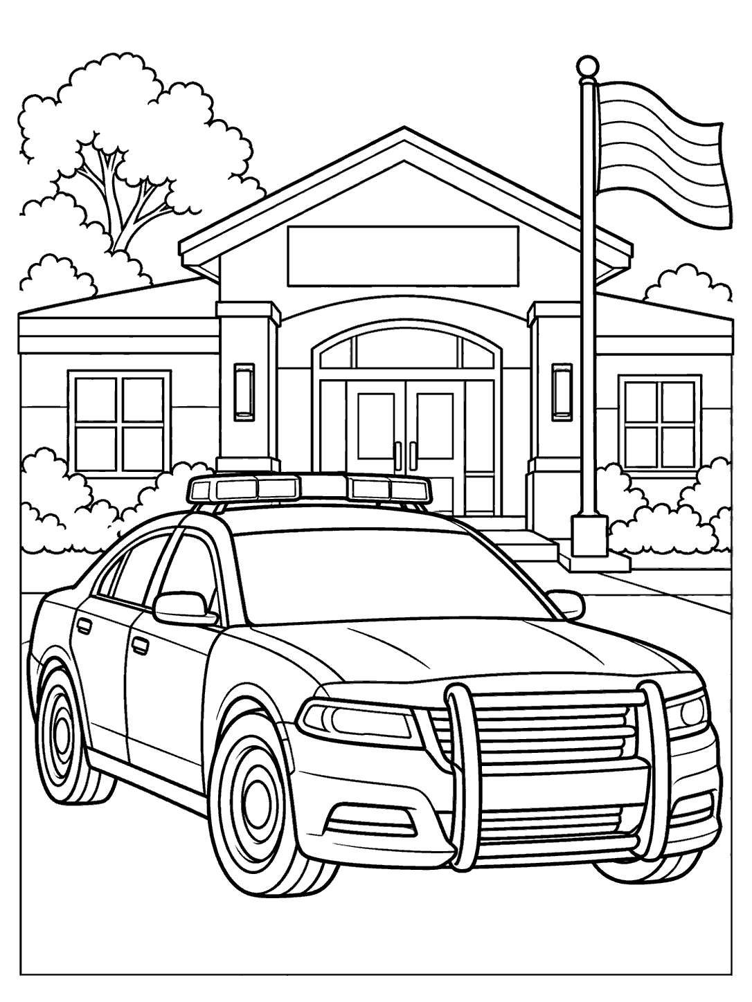 Police car parked in front of a police station coloring page, with a flagpole and blank sign.