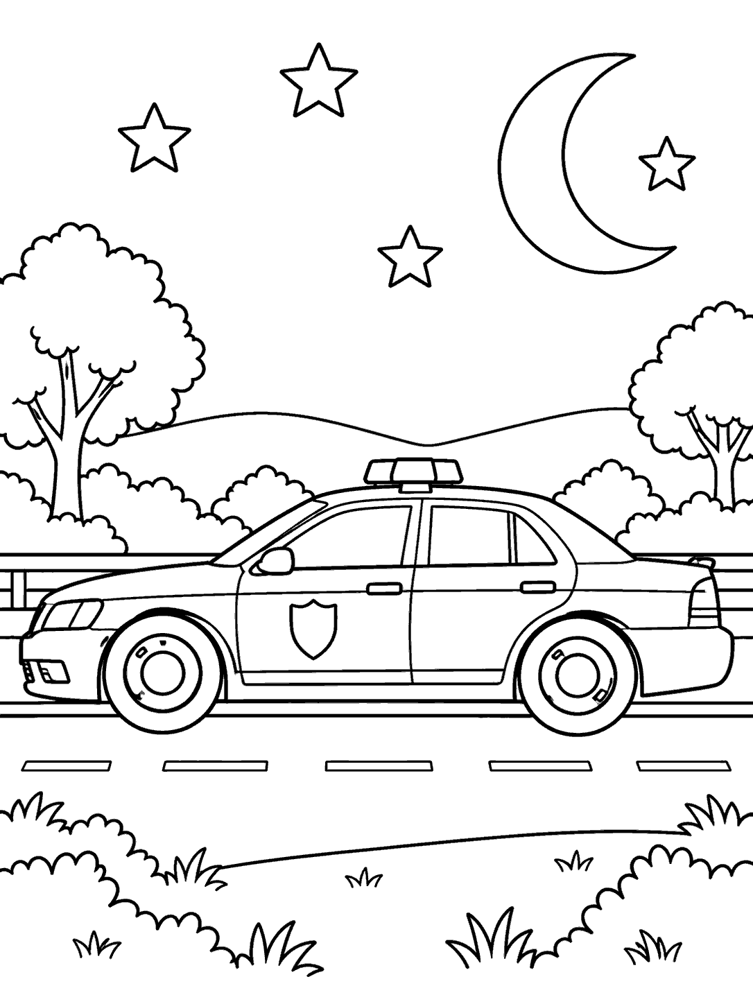Side-view police car on a quiet road beneath a crescent moon and stars, in a black-and-white coloring page.