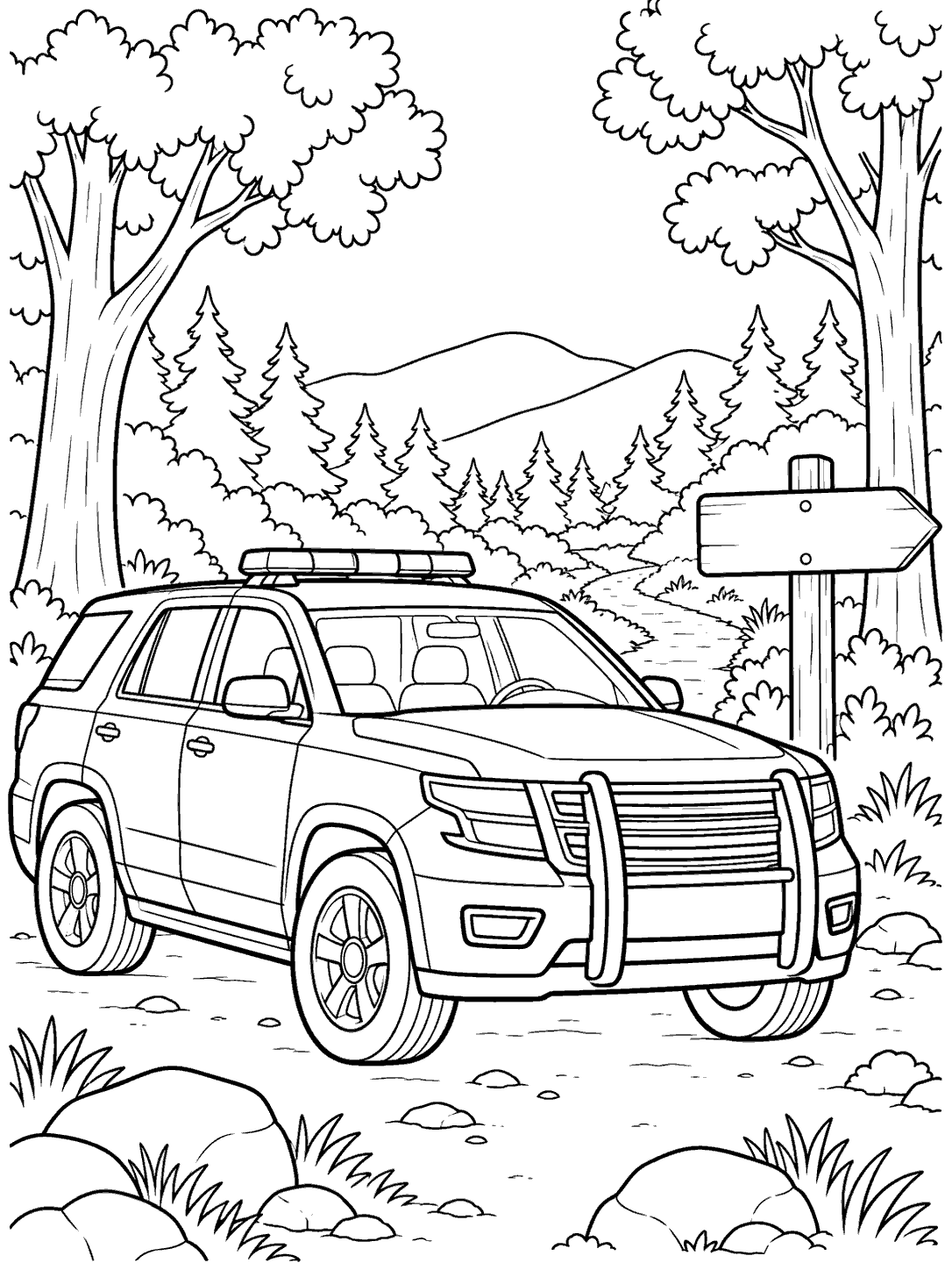 Black-and-white police SUV coloring page with forest trees, a winding trail, and a blank sign.